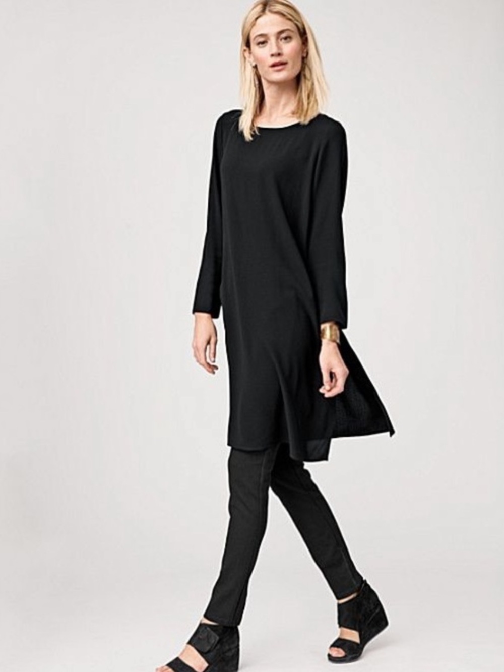 Eileen fisher L large black top blouse 100% silk long sleeve tunic